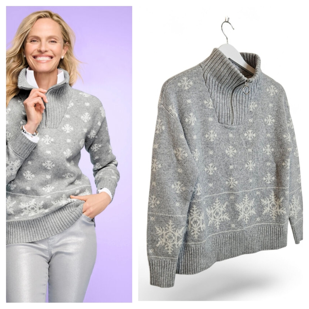 NWT Talbots Sweater P Petite Fair Isle Snowflake Merino Blend Half Zip Gray Knit